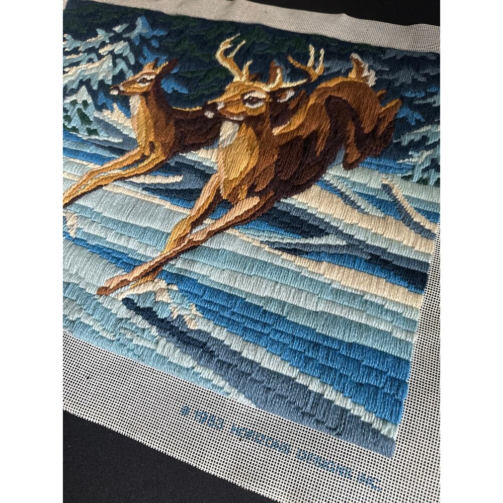 Vintage 1983 Moonlight Run Needlepoint Tapestry Deer Doe Buck Monarch Horizons - Picture 5 of 12